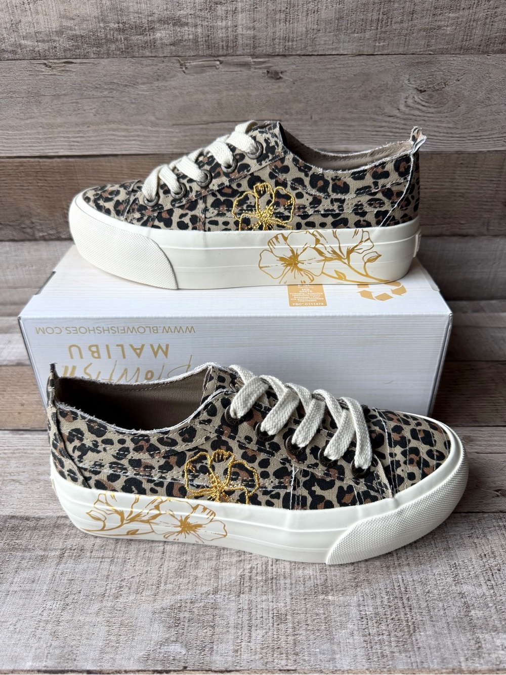 Blowfish Malibu Leopard Platform Sneakers Gold Floral Animal Print Shoes 6.5 NEW